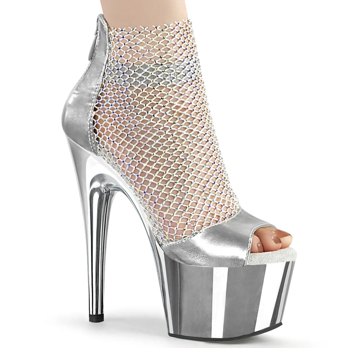 ADORE-765RM Silver Metallic Pu-Rhinestones Mesh/Silver Chrome