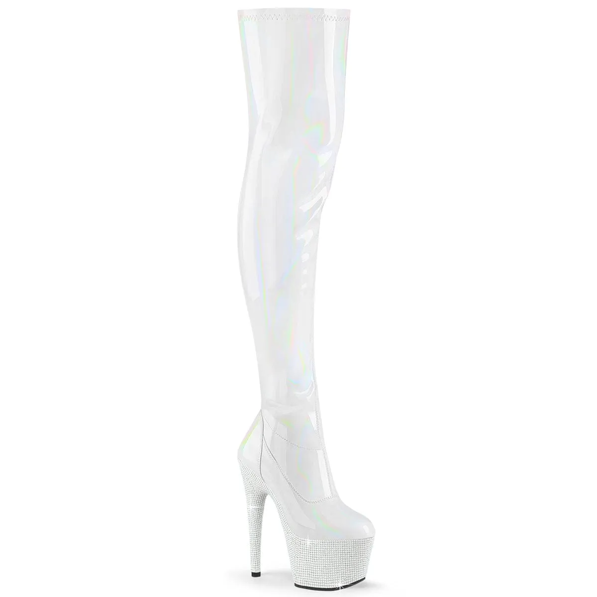BEJEWELED-3000-7 White Stretch Hologram Patent/White Rhinestones
