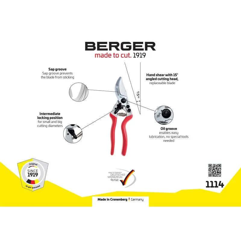 Berger Tools 1114 Pruning Hand Shear, Alu-Line, 15 Angled