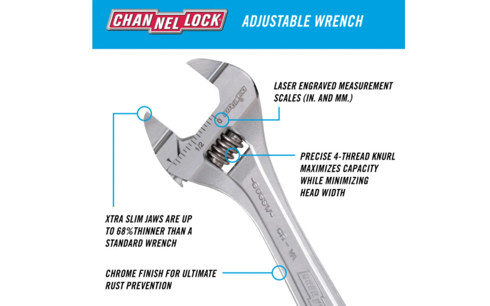 Channellock 6" Adjustable Wrench with Extra Slim Jaw