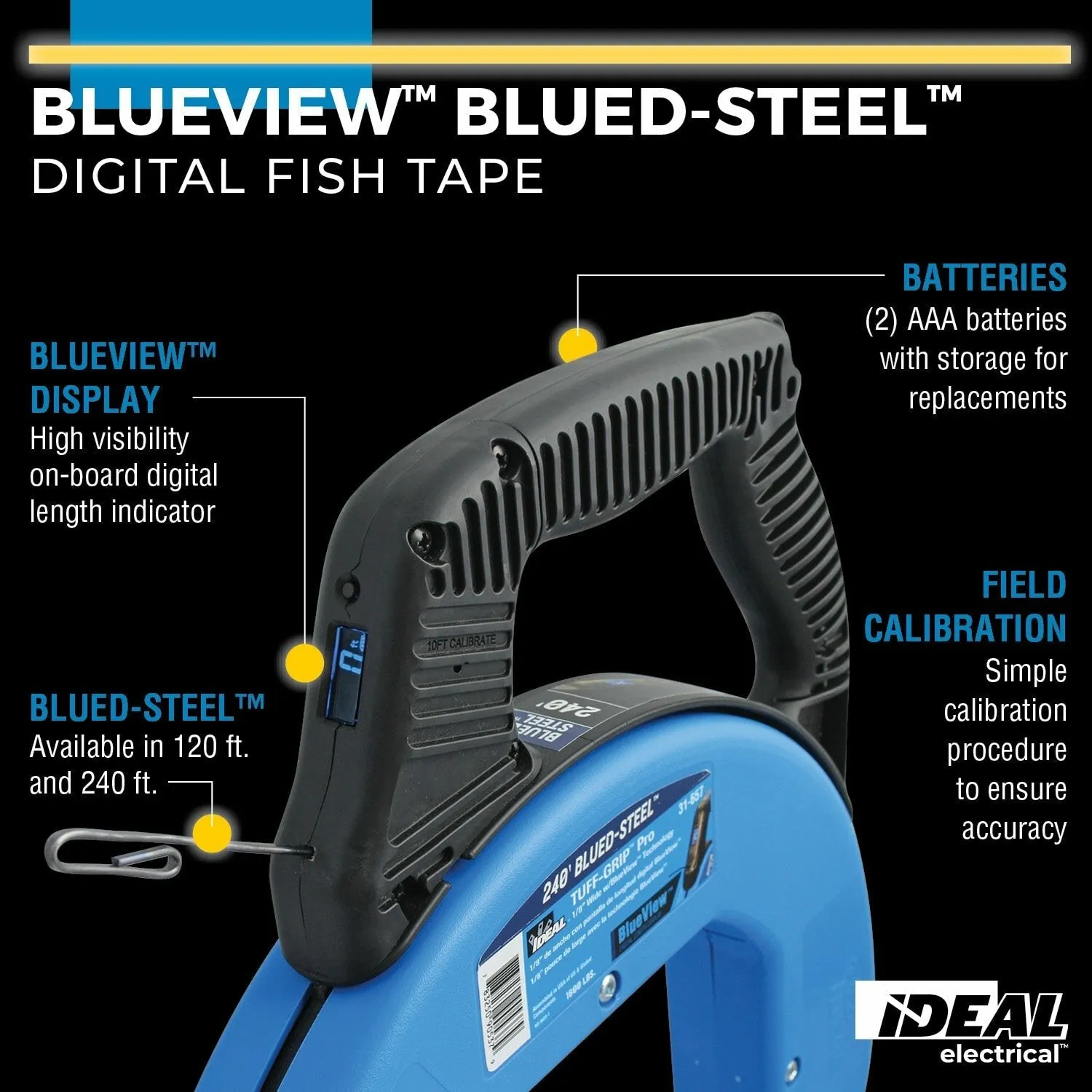 Ideal 31-656 BlueView Blued-Steel Digital Fish Tape, 120'