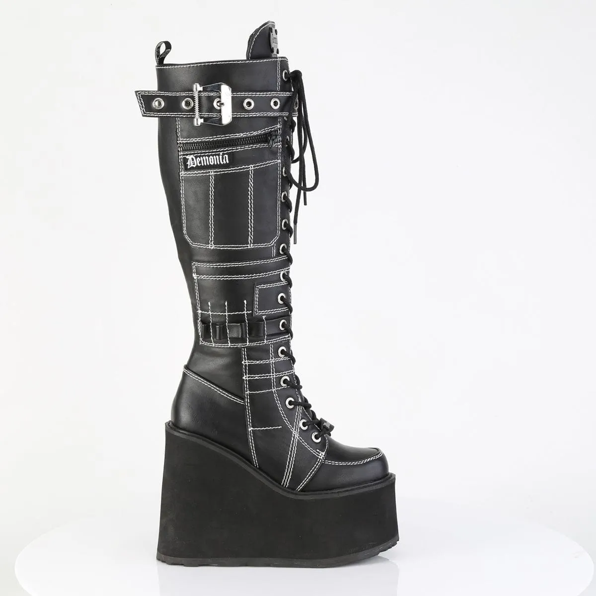 SWING-260 Black Vegan Leather Knee High Boots