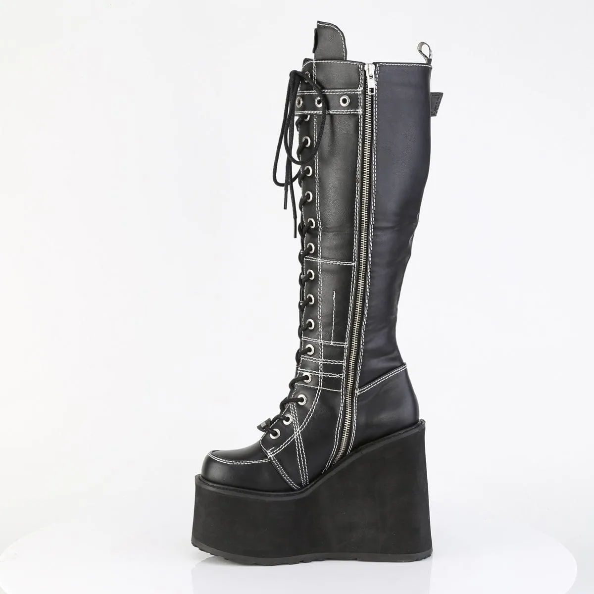 SWING-260 Black Vegan Leather Knee High Boots