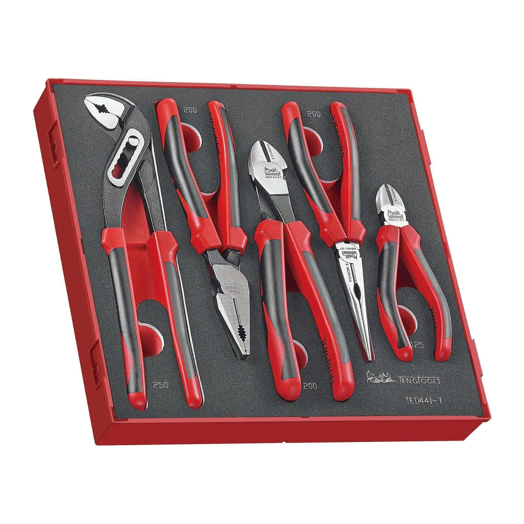 Teng Tools 5 Piece EVA Foam Plier Set (Side Cutters, Linesman, Long Nose, Water Pump) - TED441-T