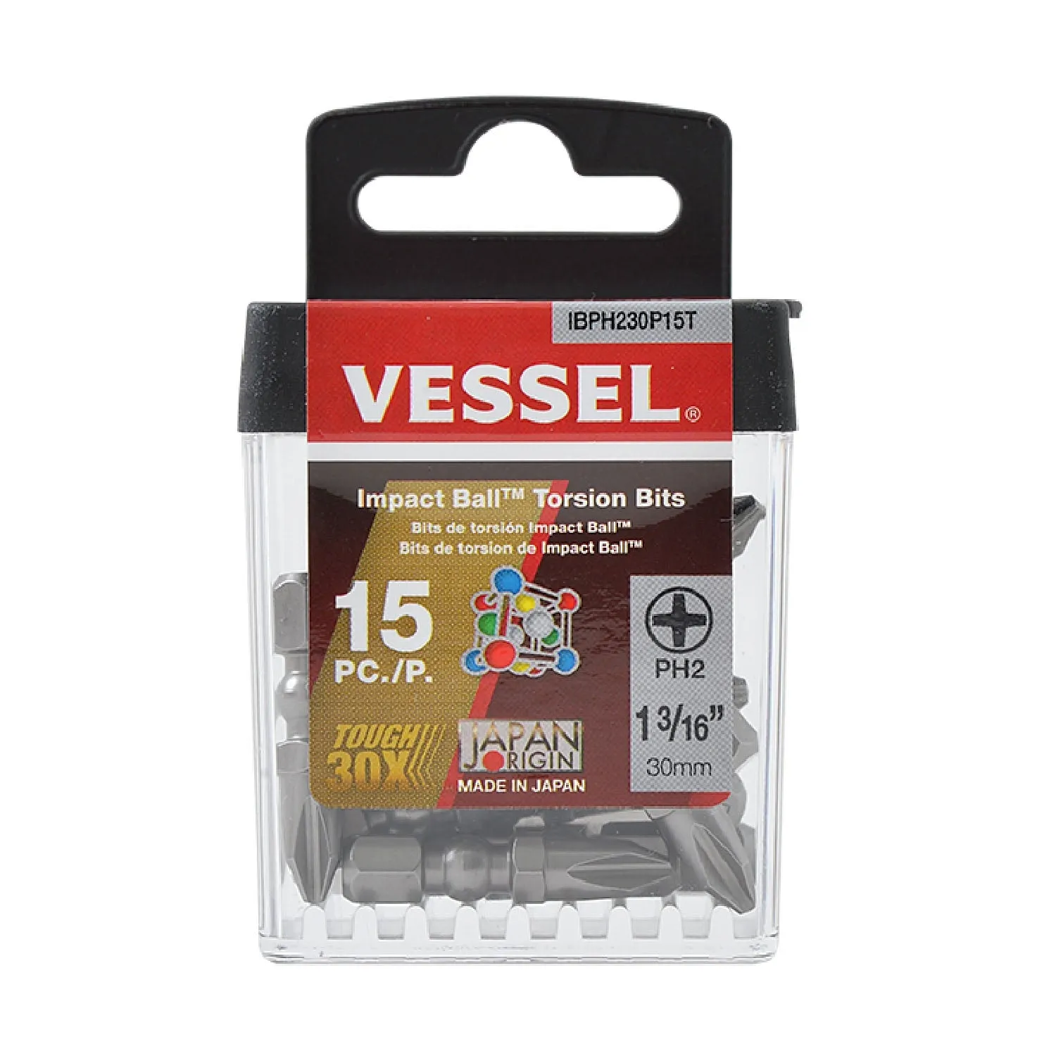 Vessel Tools IBPH230P15T Impact BallTM Torsion Bits 15 Pieces, PH2 x 30