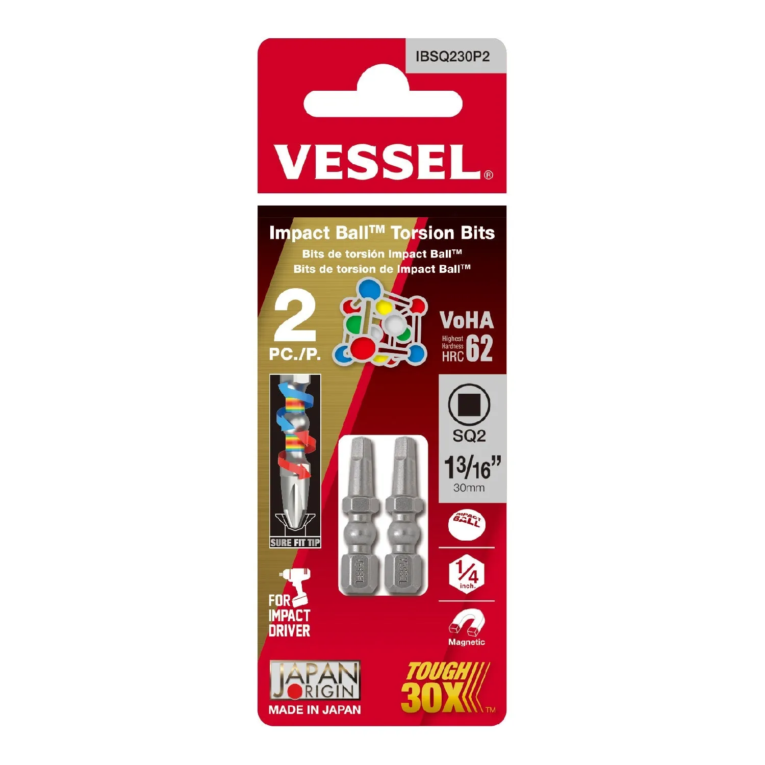 Vessel Tools IBSQ230P Impact BallTM Torsion Bits SQ2 x 30