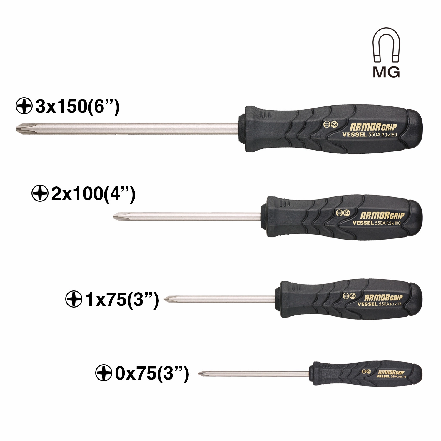 Vessel Tools 550APH4PBU ARMOR GRIP Screwdriver Set, 4 Pc.