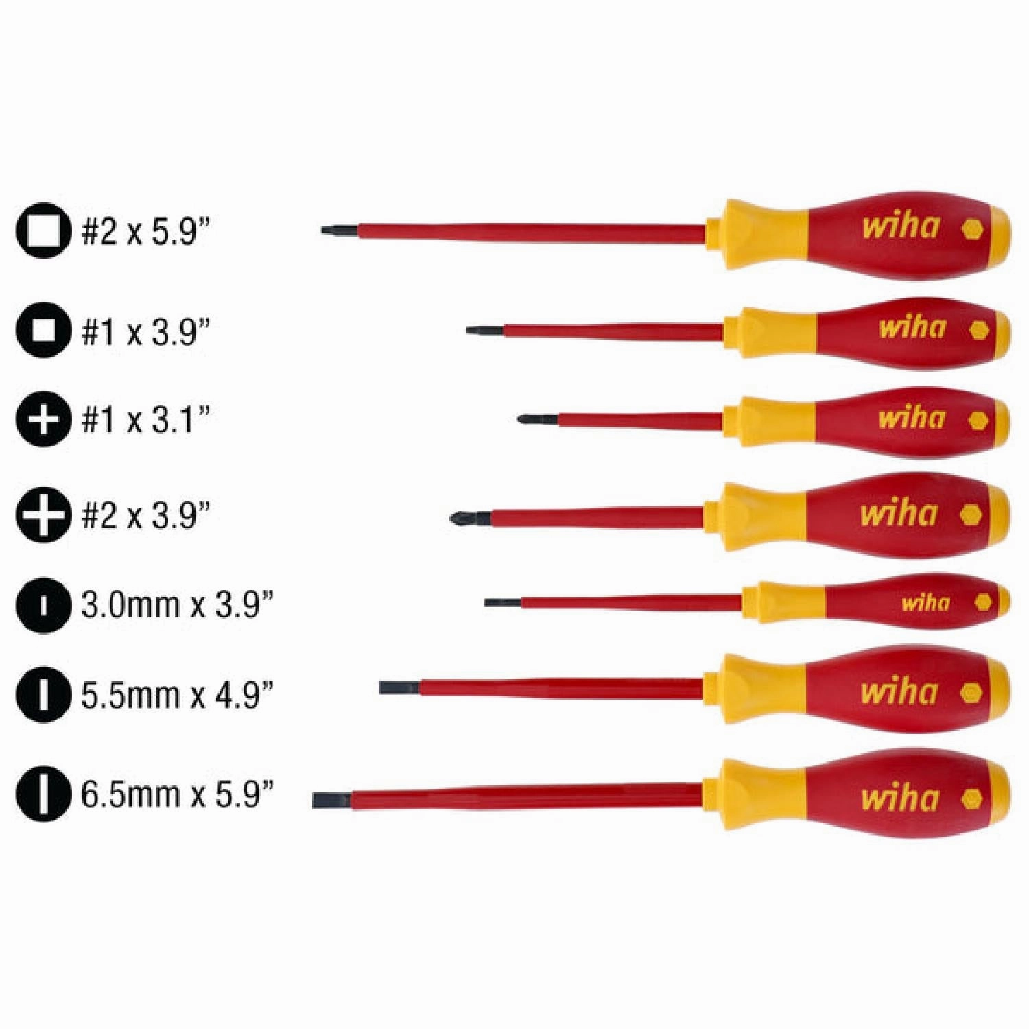 Wiha Tools 32097 Insulated Screwdriver Set - Square/Slotted/Phillips Tips, 7 Pc.